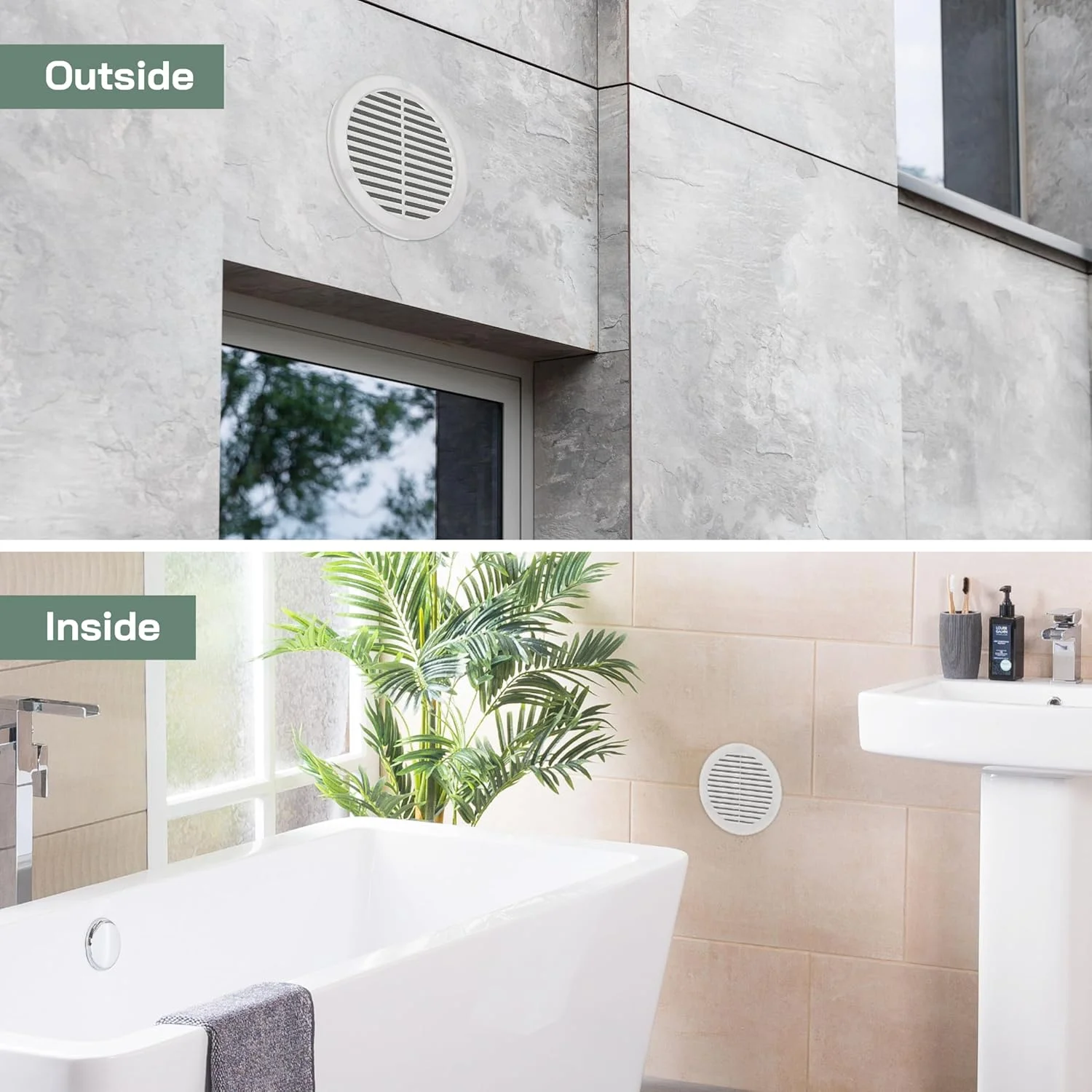 دریچه هواکش سقفی سفید 5 اینچی (ابعاد دهانه) Vent Systems با فلنج - توری پلاستیکی گرد - دارای توری حشره گیر داخلی HVAC برای حمام، منزل 6.2 اینچ (ابعاد بیرونی)