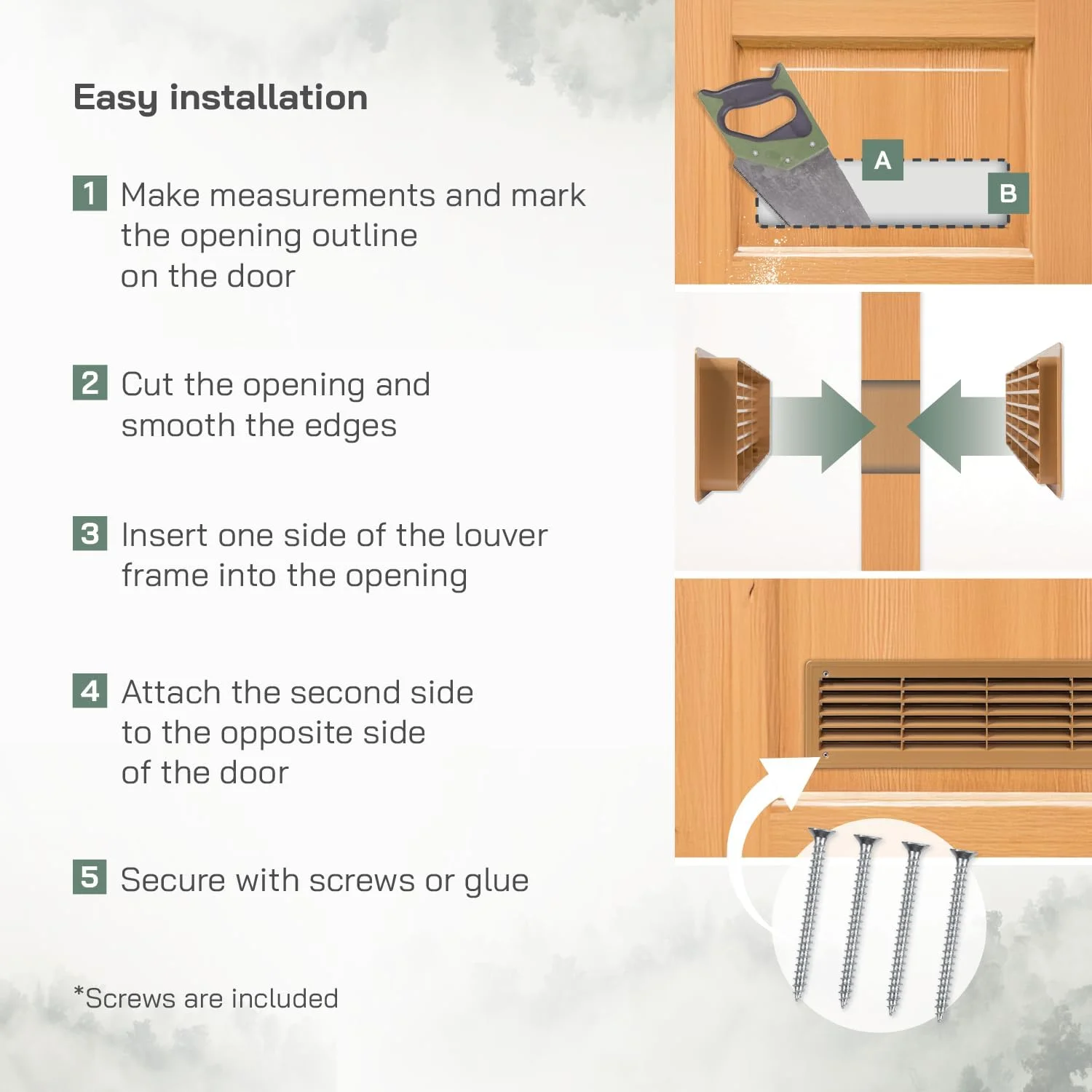 دریچه هوا 46 x 13.5 سانتی متر (44 x 12 سانتی متر) مخصوص درب - دو طرفه - دریچه هوای داخلی - مناسب برای حمام، کمد، گاراژ - رنگ: چوب