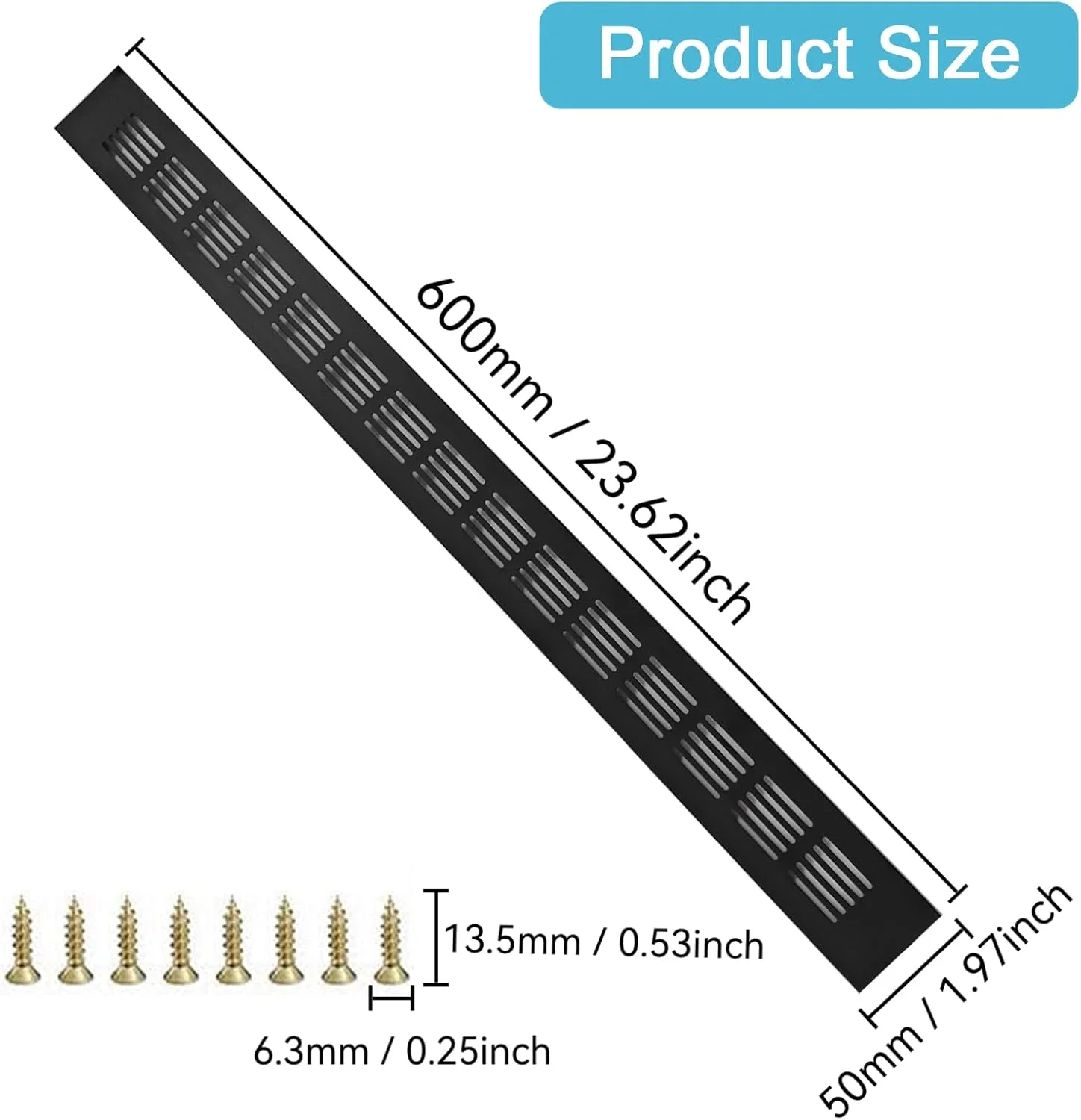 YGCQFH بسته 2 عددی دریچه هوا 600mm x 50mm مشکی، پوشش توری دریچه هوا آلیاژ آلومینیوم برای آشپزخانه، دریچه های کابینت - پوشش های تهویه آلیاژ آلومینیوم برای کمد لباس و کابینت به همراه پیچ