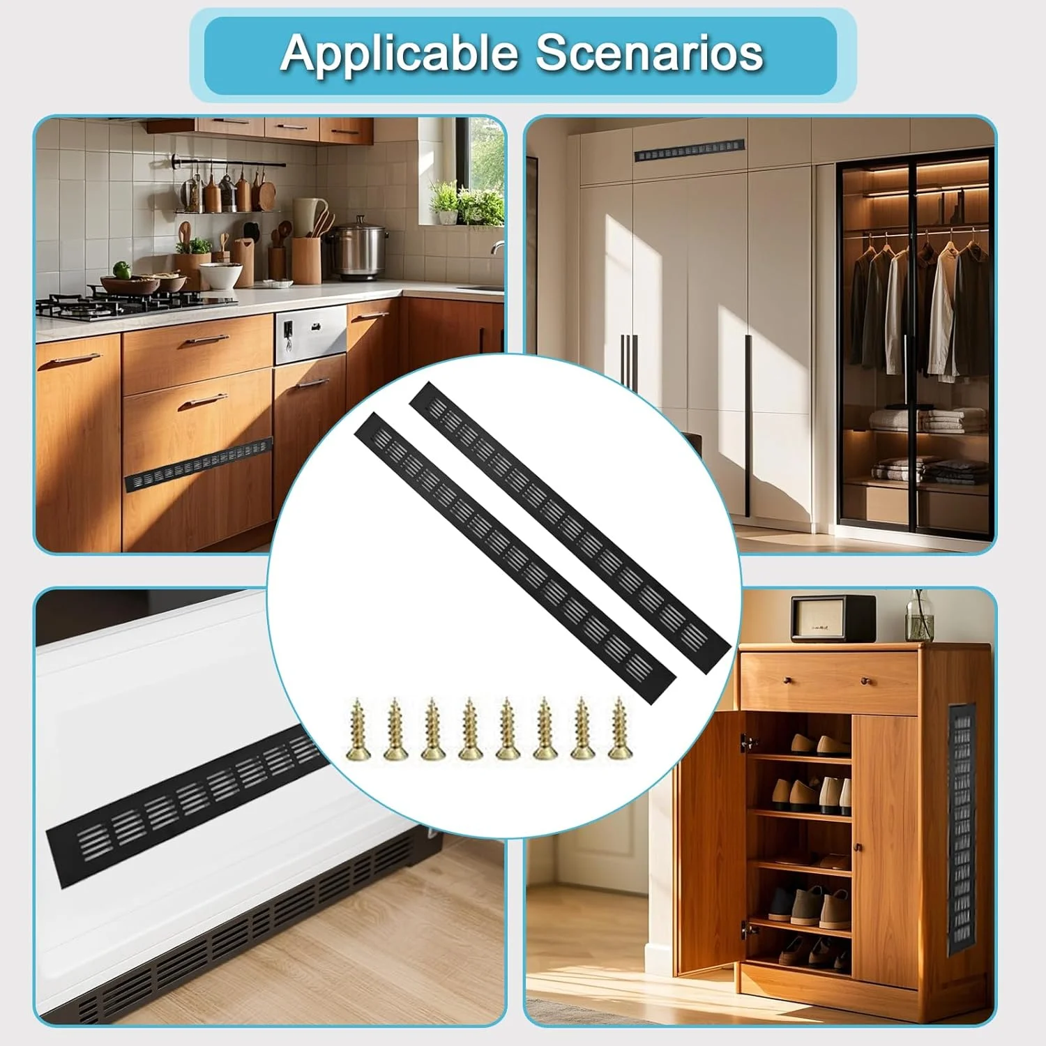 YGCQFH بسته 2 عددی دریچه هوا 600mm x 50mm مشکی، پوشش توری دریچه هوا آلیاژ آلومینیوم برای آشپزخانه، دریچه های کابینت - پوشش های تهویه آلیاژ آلومینیوم برای کمد لباس و کابینت به همراه پیچ