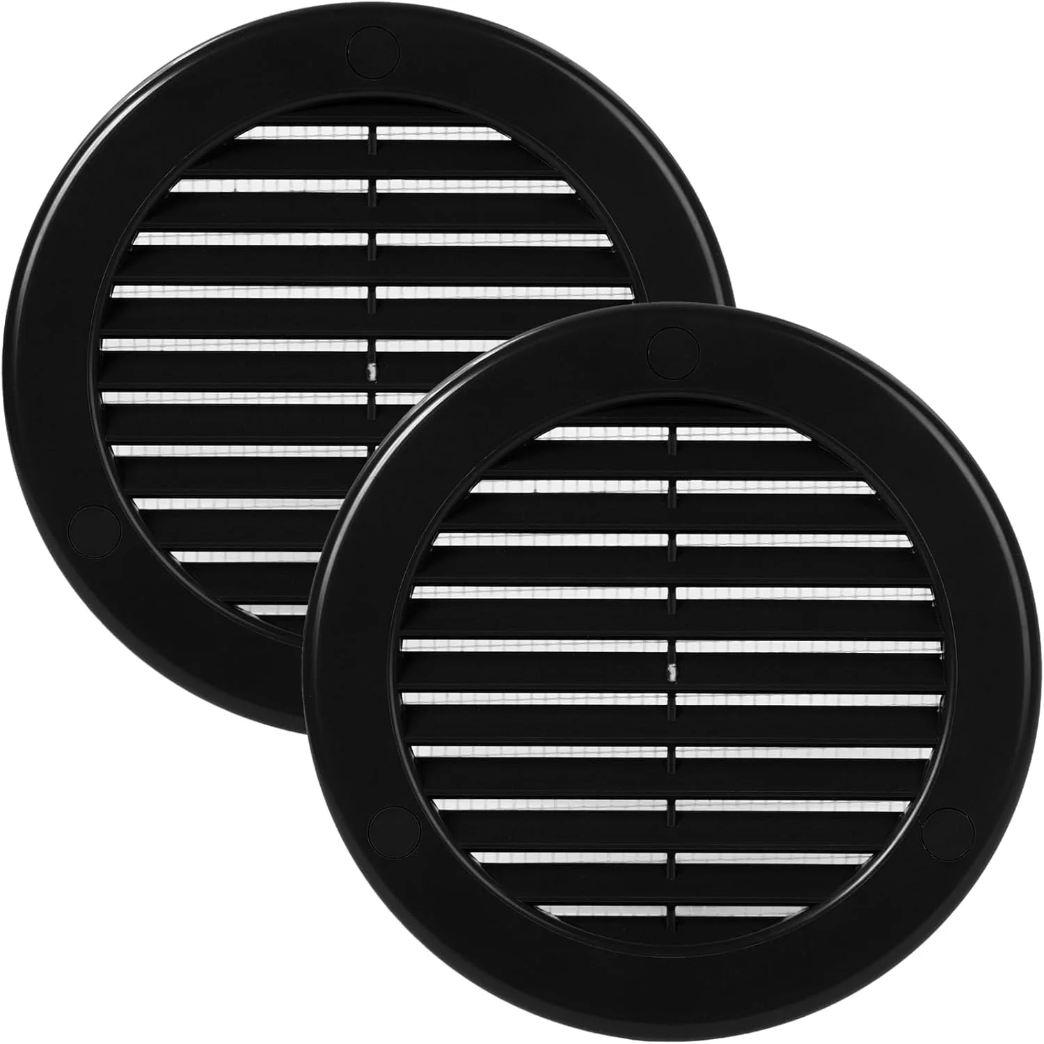 دریچه های پلاستیکی گرد 4 اینچی سیستم های تهویه - مشکی - بسته 2 عددی - دریچه هواکش پره ای با توری داخلی - دریچه تهویه مطبوع برای حمام، زیر سقف، گاراژ - استفاده در فضای داخلی و خارجی