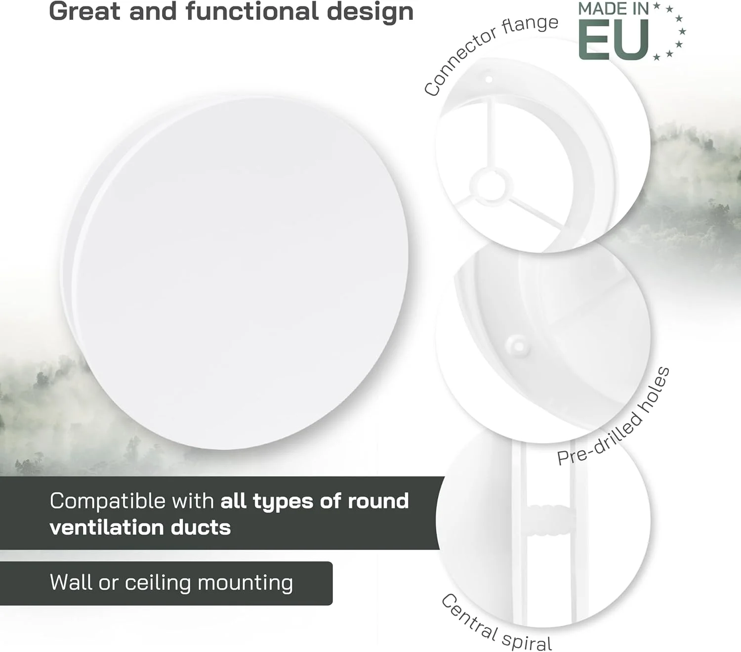 دفیوزر هوای دایره ای 5 اینچی Vent Systems - دریچه هوای قابل تنظیم پلاستیکی سفید برای سقف، دیوار، حمام، آشپزخانه، دفتر کار خانگی - سیستم تهویه اگزوز و ورودی HVAC جهانی