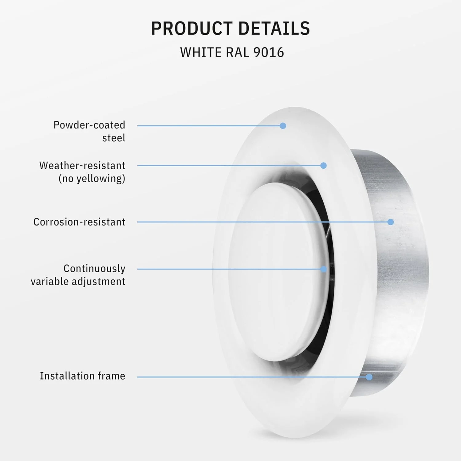 دریچه گرد تهویه هوا کالیماایرو مدل TVSA سایز 6 اینچ، دریچه هوای کوچک گرد با پخش کننده قابل تنظیم، پوشش فلزی دیواری برای حمام، آشپزخانه، گاراژ، استفاده در فضای باز و داخلی، رنگ سفید سوپر RAL 9016