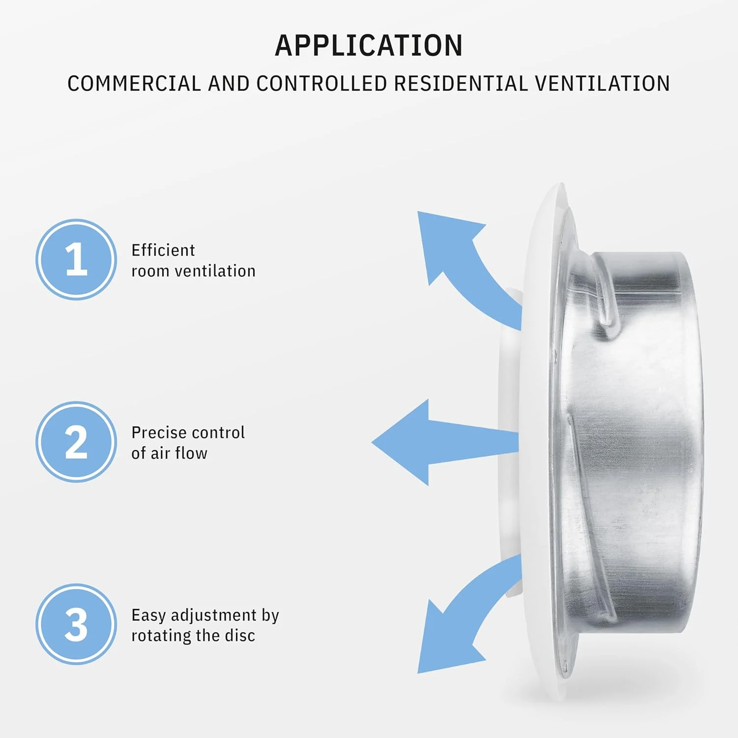 دریچه گرد تهویه هوا کالیماایرو مدل TVSA سایز 6 اینچ، دریچه هوای کوچک گرد با پخش کننده قابل تنظیم، پوشش فلزی دیواری برای حمام، آشپزخانه، گاراژ، استفاده در فضای باز و داخلی، رنگ سفید سوپر RAL 9016