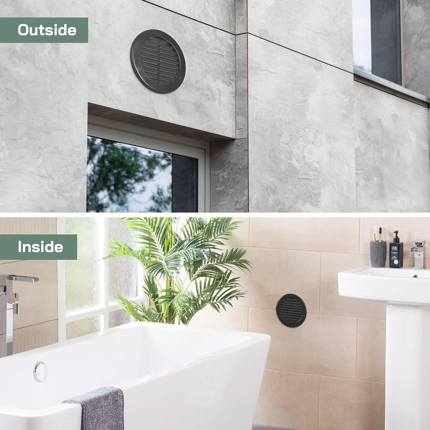 دریچه های پلاستیکی گرد 4 اینچی سیستم های تهویه - مشکی - بسته 2 عددی - دریچه هواکش پره ای با توری داخلی - دریچه تهویه مطبوع برای حمام، زیر سقف، گاراژ - استفاده در فضای داخلی و خارجی