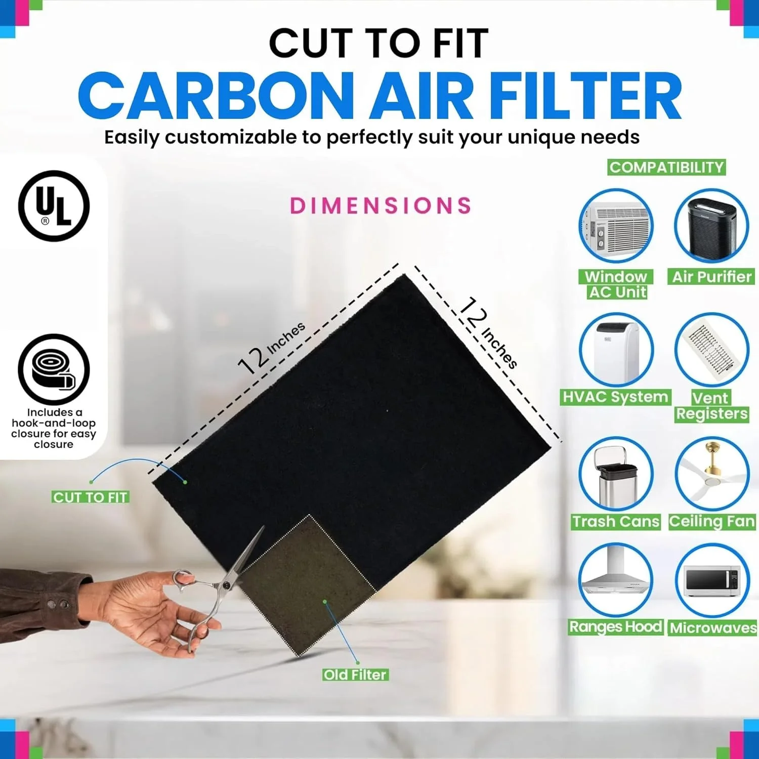 مجموعه فیلتر دریچه هوا Jaffiust مشکی، جنس کربن فعال، همراه با 158 اینچ نوار نصب برای HVAC، AC و دریچه های ورودی گرمایش، برای کاهش گرد و غبار و آلرژی (رول، 18 اینچ * 98 اینچ)