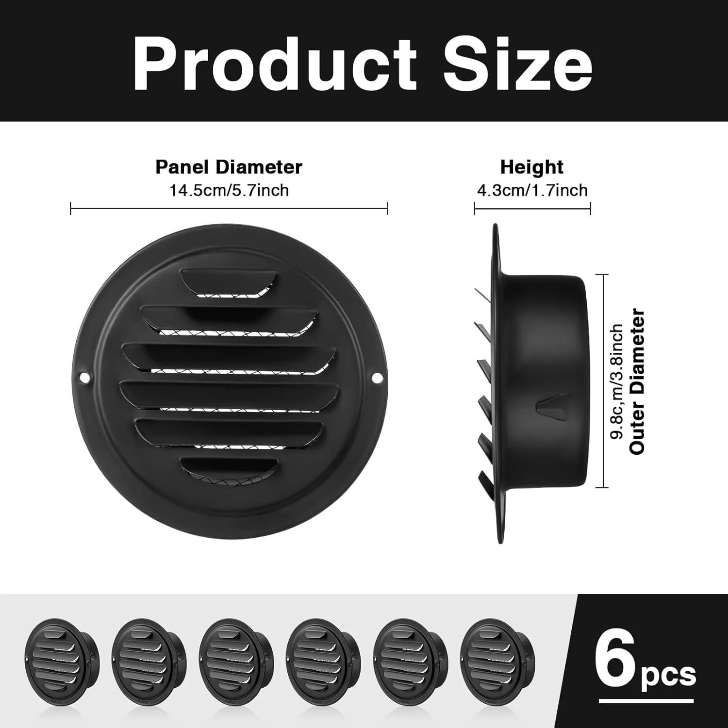 گیسافای 6 عدد دریچه دیواری استیل ضد زنگ 4 اینچی، توری تهویه گرد، دریچه تخت کانالی هوا با توری محافظ حشرات داخلی برای تهویه مطبوع، خانه، آپارتمان، گاراژ، نمای بیرونی (مشکی)