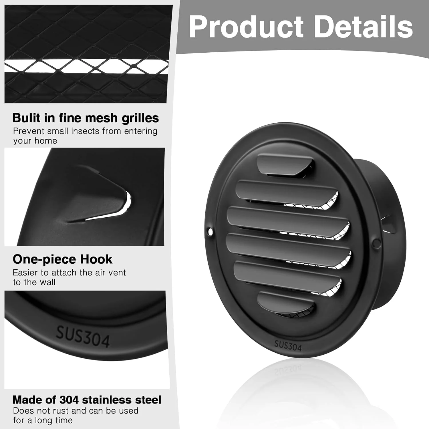 گیسافای 6 عدد دریچه دیواری استیل ضد زنگ 4 اینچی، توری تهویه گرد، دریچه تخت کانالی هوا با توری محافظ حشرات داخلی برای تهویه مطبوع، خانه، آپارتمان، گاراژ، نمای بیرونی (مشکی)