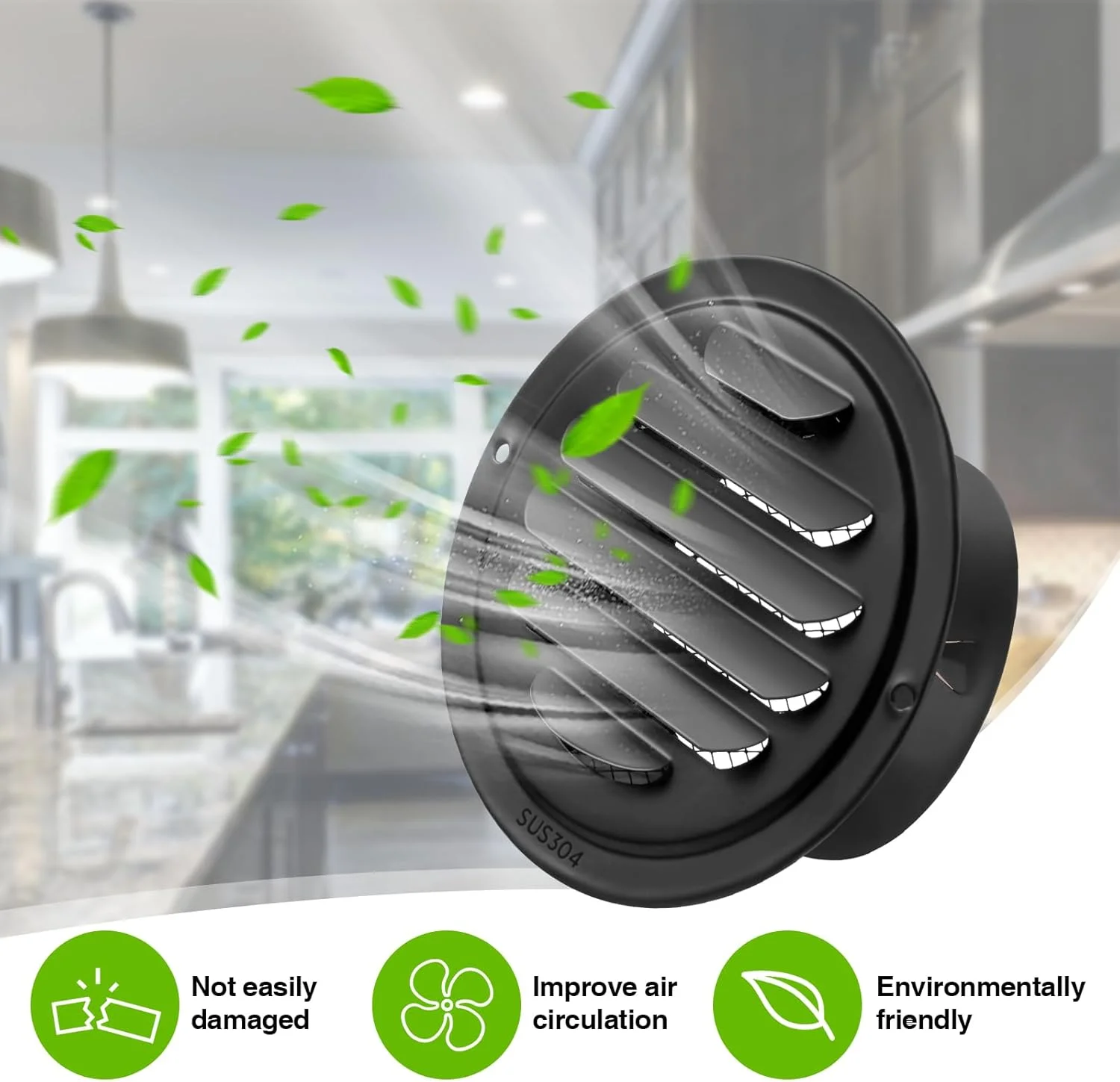 گیسافای 6 عدد دریچه دیواری استیل ضد زنگ 4 اینچی، توری تهویه گرد، دریچه تخت کانالی هوا با توری محافظ حشرات داخلی برای تهویه مطبوع، خانه، آپارتمان، گاراژ، نمای بیرونی (مشکی)