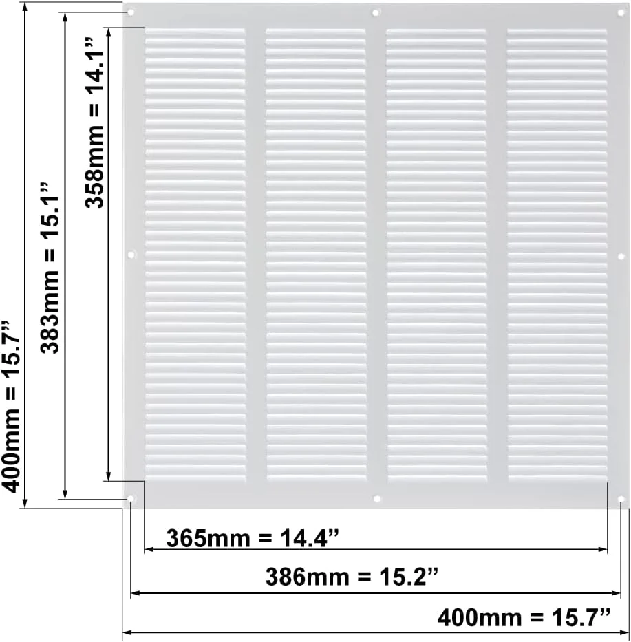 دریچه هواکش یوروپلاست 400x400 میلی متر، پوشش توری تهویه 15x15 اینچ سفید، فلزی، دارای توری حشرات