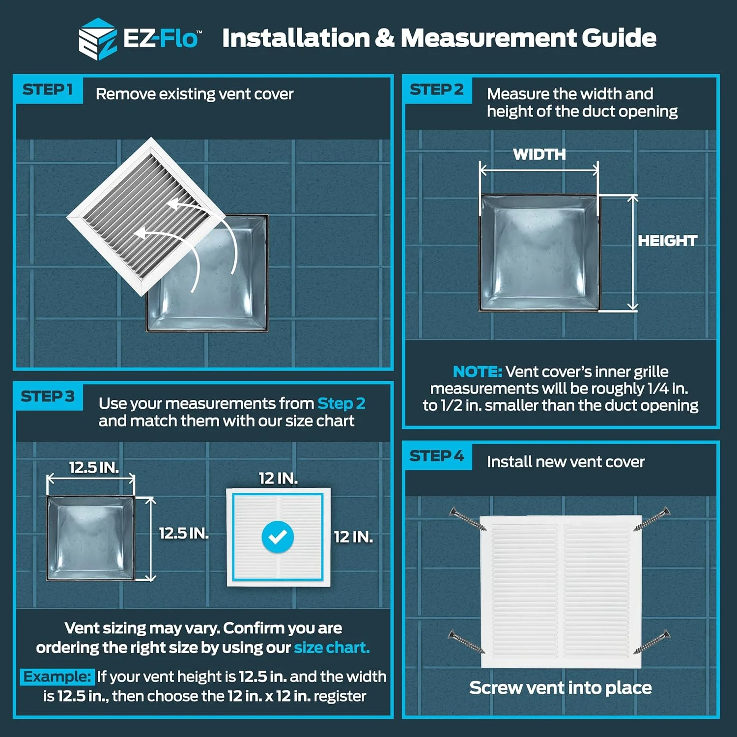 EZ-FLO دریچه هوای برگشتی سفید 12x12 اینچ (اندازه دهانه کانال) برای دیوار یا سقف، توری هوای برگشتی فولادی جامد، دریچه برگشت هوا HVAC، مدل 61627 EZ-FLO دریچه هوای برگشتی سفید 12x12 اینچ (اندازه دهانه کانال) برای دیوار یا سقف، توری هوای برگشتی فولادی جامد، دریچه برگشت هوا HVAC، مدل 61627