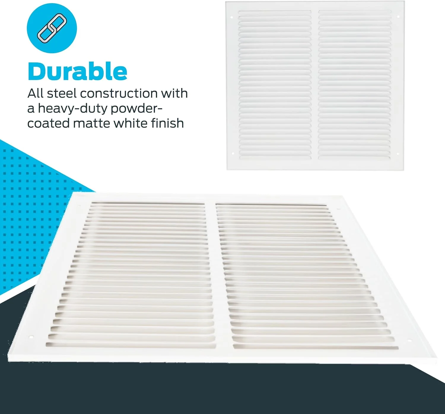 EZ-FLO دریچه هوای برگشتی سفید 12x12 اینچ (اندازه دهانه کانال) برای دیوار یا سقف، توری هوای برگشتی فولادی جامد، دریچه برگشت هوا HVAC، مدل 61627 EZ-FLO دریچه هوای برگشتی سفید 12x12 اینچ (اندازه دهانه کانال) برای دیوار یا سقف، توری هوای برگشتی فولادی جامد، دریچه برگشت هوا HVAC، مدل 61627