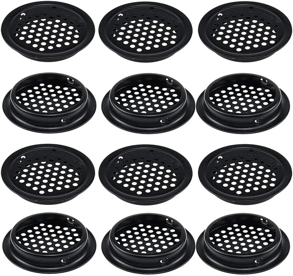 دریچه های تهویه گرد Excefore، پوشش دریچه هوا، سوراخ های تهویه ضد رطوبت دایره ای، 12 عدد پوشش دریچه هوا از جنس استنلس استیل سوراخ دار، برای حمام، آشپزخانه، کمد، و کمد لباس، مشکی