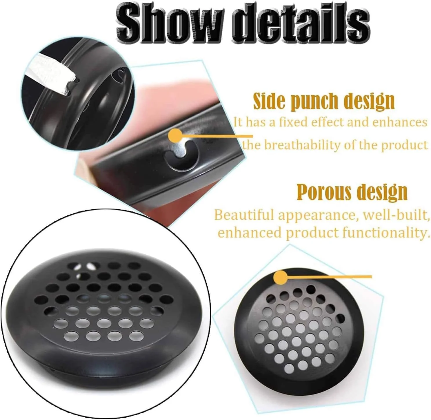 دریچه تهویه گرد Excefore، 6 عدد - دریچه های هوا 35 میلی متری استیل ضد زنگ، سوراخ تهویه گرد برای تهویه آشپزخانه، حمام، کمد، قفسه کتاب و جالباسی (مشکی)