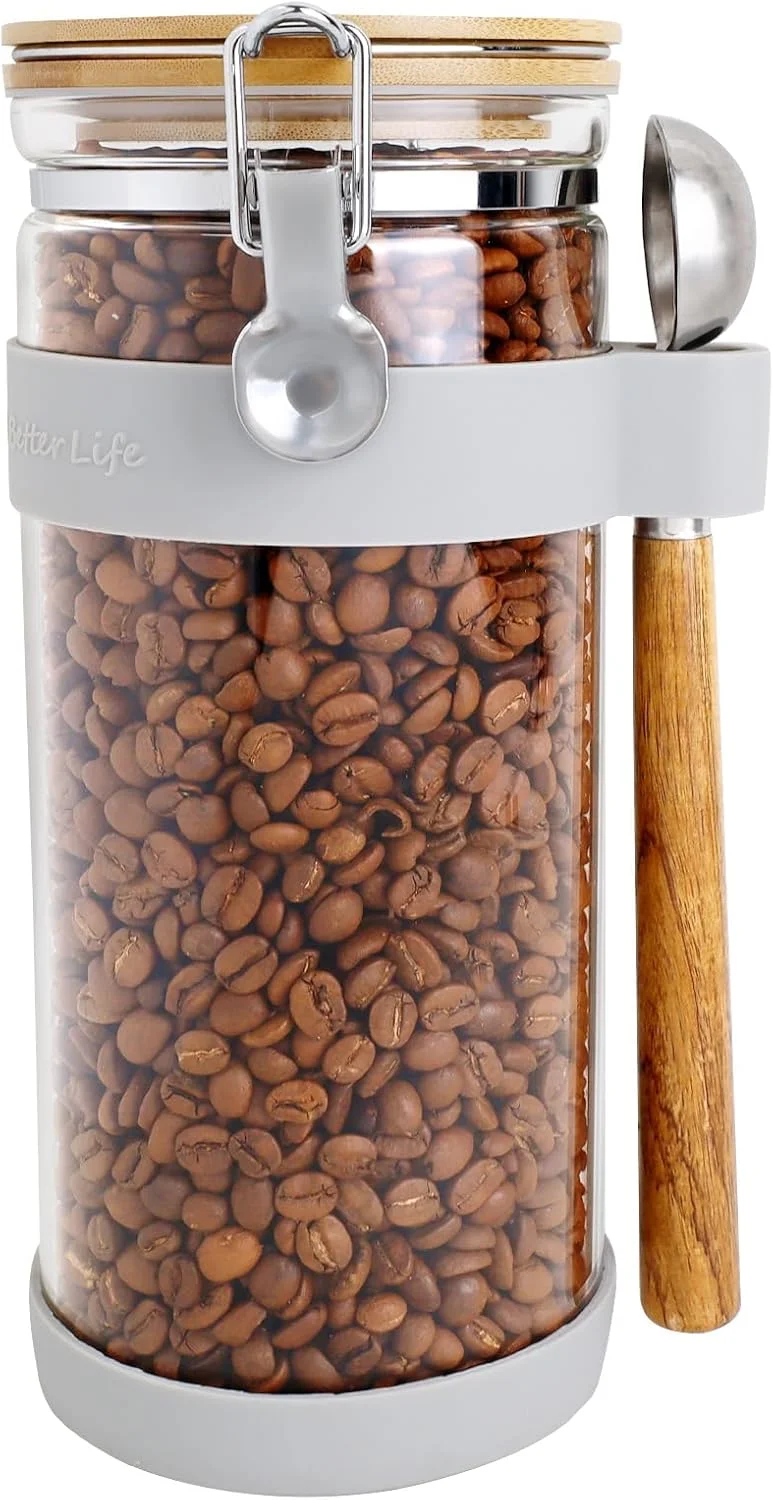 ظروف شیشه ای شفاف MR.BLACAT KKC Home Accents با درب گیره ای بامبو، ظروف دربسته برای نگهداری غلات، برنج، پاستا، حبوبات، آجیل، تنقلات، سازماندهی کابینت - 1600 میلی لیتر، خاکستری