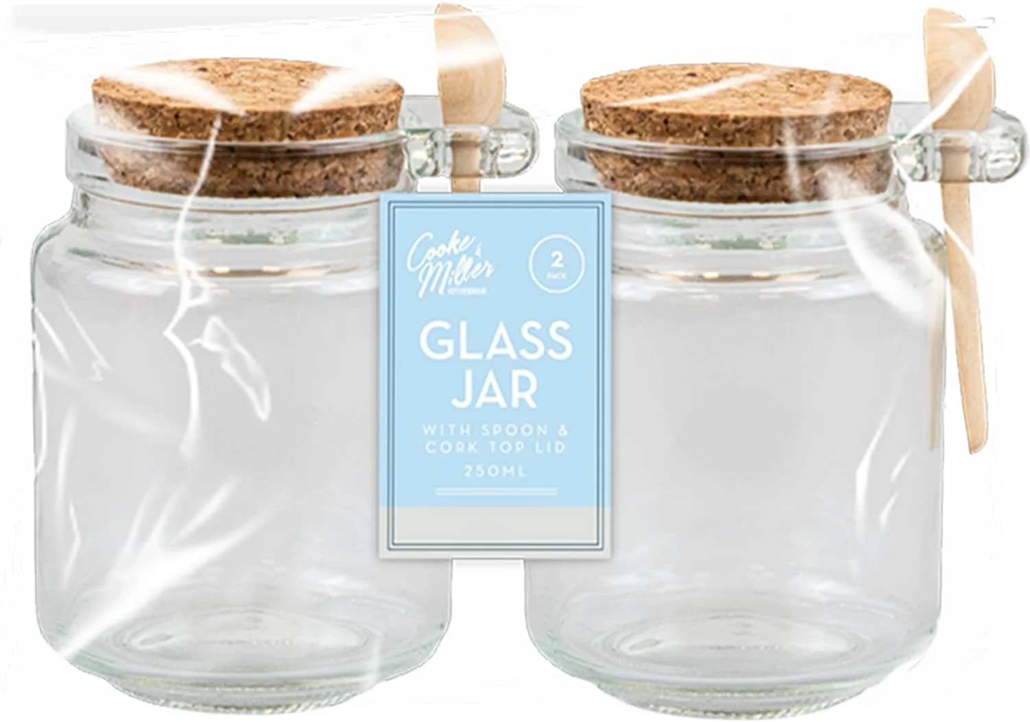 ست 2 عددی ظروف شیشه ای درب چوب پنبه ای به همراه قاشق، مناسب برای نگهداری قهوه، چای، ادویه جات، لوازم شیرینی پزی و مواد غذایی، 250 میلی لیتر، لوازم جانبی آشپزخانه