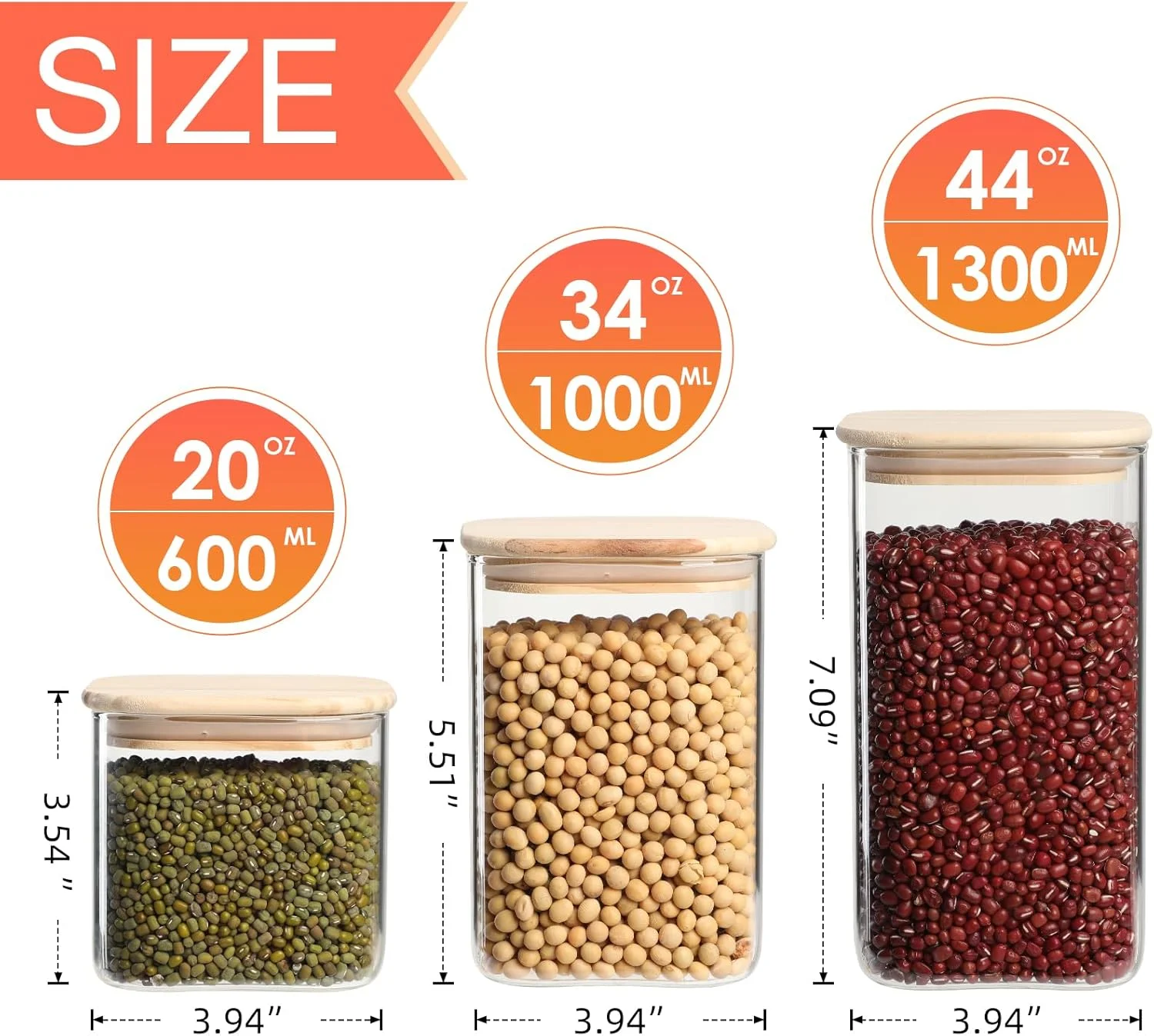 ظروف شیشه ای درب دار Honmtp برای نگهداری مواد غذایی با درب چوبی کاج (600/1000/1300 میلی لیتر) ست 6 عددی، ظروف نگهداری با درب و واشر، مناسب برای آرد، غلات، شکر، چای، دانه های قهوه، تنقلات، برنج، مربعی