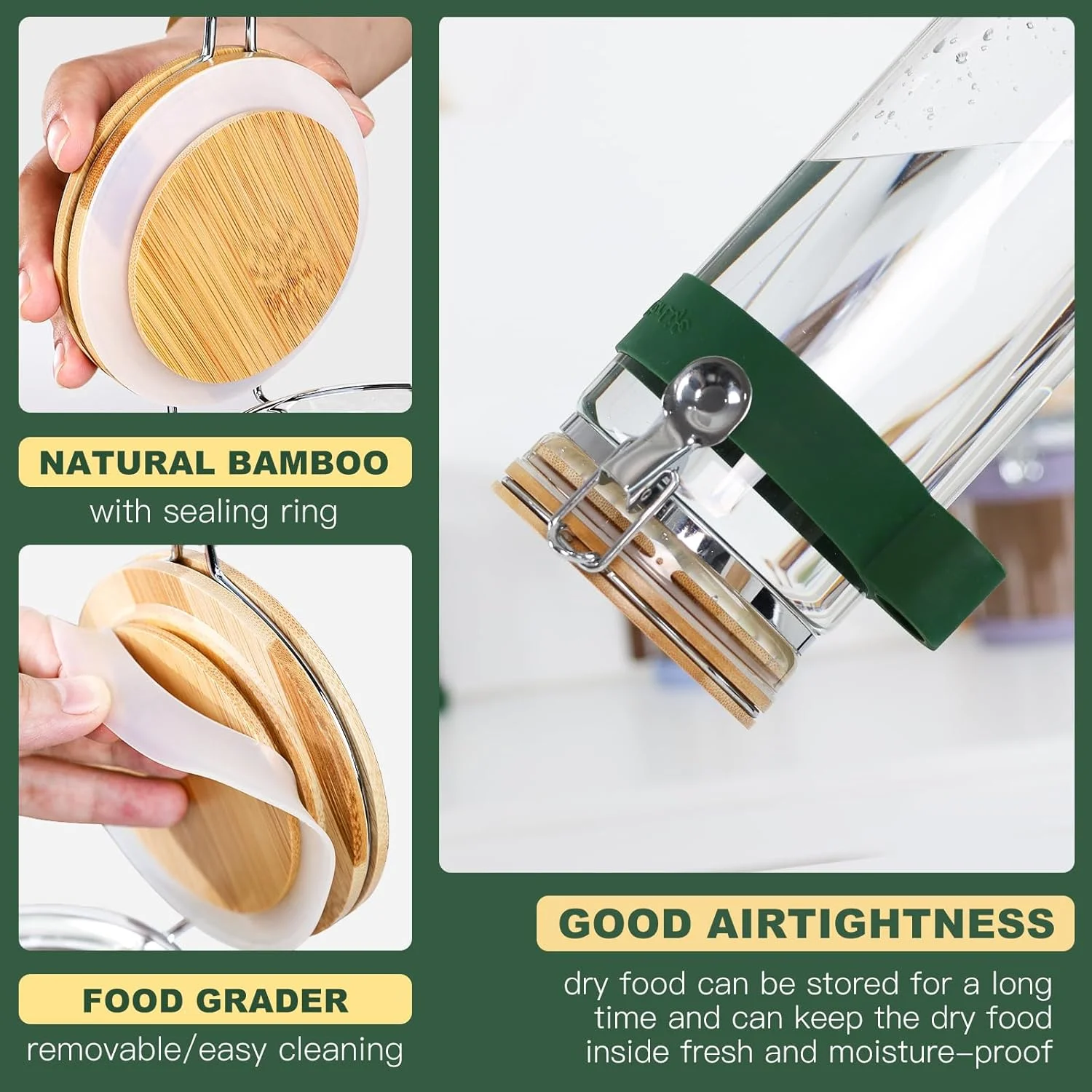 ظروف شیشه ای شفاف MR.BLACAT KKC Home Accents با درب گیره ای بامبو، ظروف دربسته برای نگهداری غلات، برنج، پاستا، حبوبات، آجیل، تنقلات، سازماندهی کابینت - 1600 میلی لیتر، خاکستری