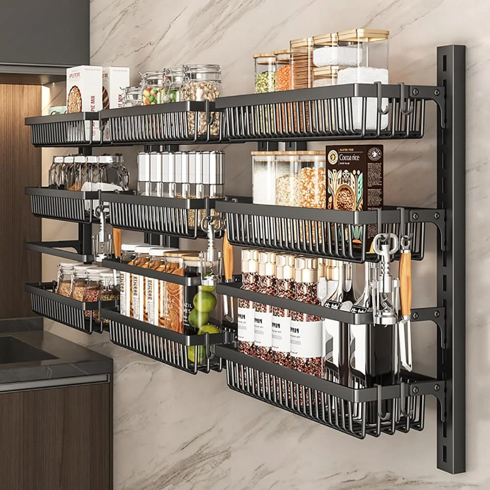 قفسه ادویه دیواری MUMOO BEAR، قفسه حمام قابل تنظیم، قفسه ذخیره سازی آشپزخانه 3 طبقه، سازمان دهنده برای قوطی ادویه، شیشه سس، بطری چاشنی (مشکی)