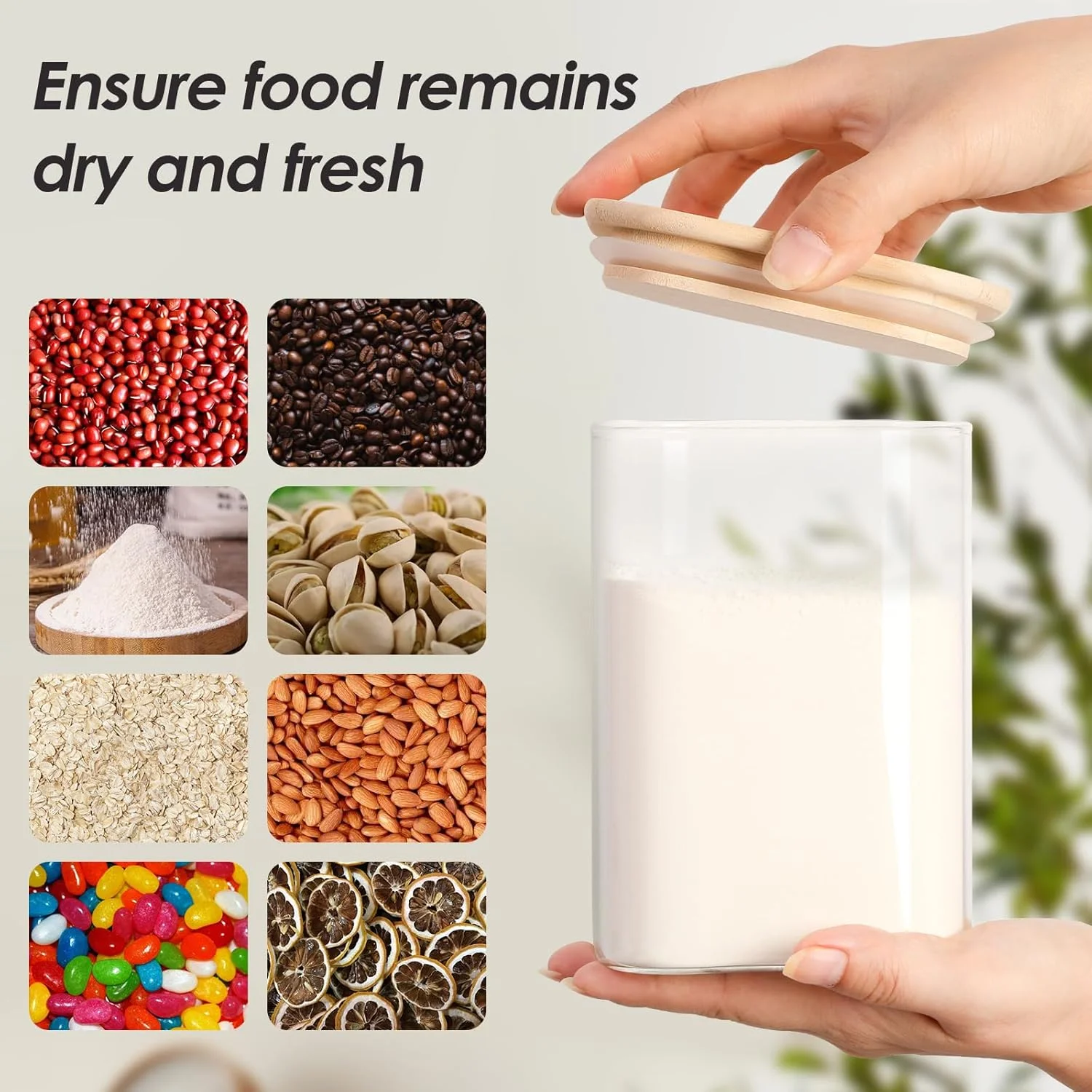 ظروف شیشه ای درب دار Honmtp برای نگهداری مواد غذایی با درب چوبی کاج (600/1000/1300 میلی لیتر) ست 6 عددی، ظروف نگهداری با درب و واشر، مناسب برای آرد، غلات، شکر، چای، دانه های قهوه، تنقلات، برنج، مربعی