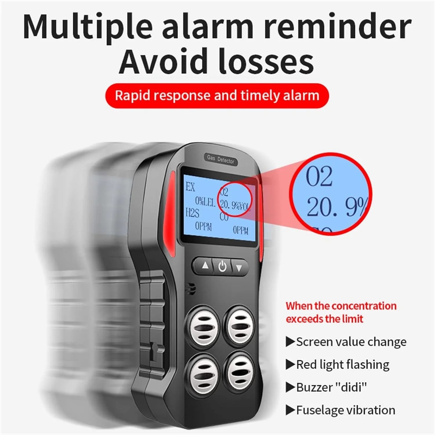 HANZALA Air Quality Screen Multi Gas Detector Gas Meter O2 H2S CO LEL 4 in 1 Oxygen Hydrogen Sulfide Carbon Monoxide Combustible Gas Leak Detector(Detector With Pump)