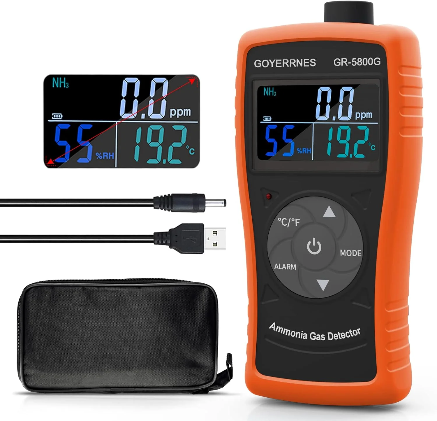 دستگاه تشخیص گاز آمونیاک GOYERRNES مدل GR-5800G، مانیتور کیفیت هوا 0 تا 100 PPM NH3 برای صنعت، خانه، کارخانه، کیفیت دستگاه تصفیه هوا، پرورش، مرغداری