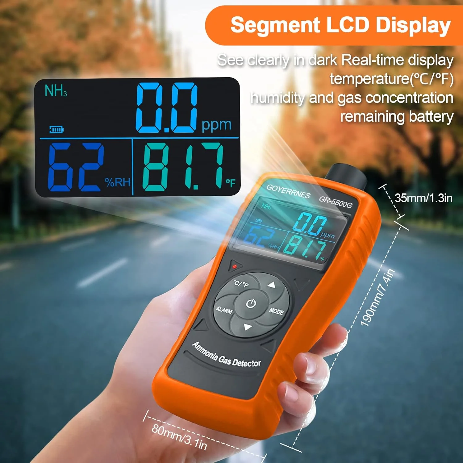 دستگاه تشخیص گاز آمونیاک GOYERRNES مدل GR-5800G، مانیتور کیفیت هوا 0 تا 100 PPM NH3 برای صنعت، خانه، کارخانه، کیفیت دستگاه تصفیه هوا، پرورش، مرغداری