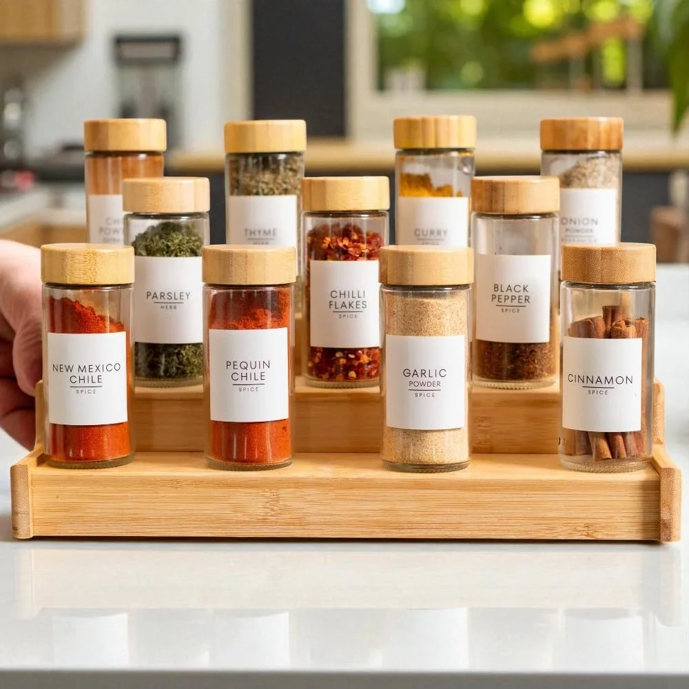 ست 24 عددی شیشه ادویه گرد مدرن 120 میلی لیتری با درب بامبو - ظروف خالی ادویه با درب لرزان و قیف، بدون برچسب، ظروف نگهداری دربسته برای ادویه جات، گیاهان و چاشنی ها