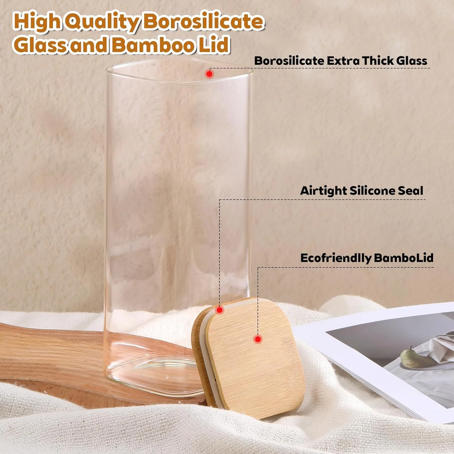 2 Pack Large Glass Flour and Sugar Containers Jars with Bamboo Airtight Lid 1750ml Glass Food Storage Containers for Spaghetti Pasta, Cereal, Candy, Cookies, Coffee, Oat