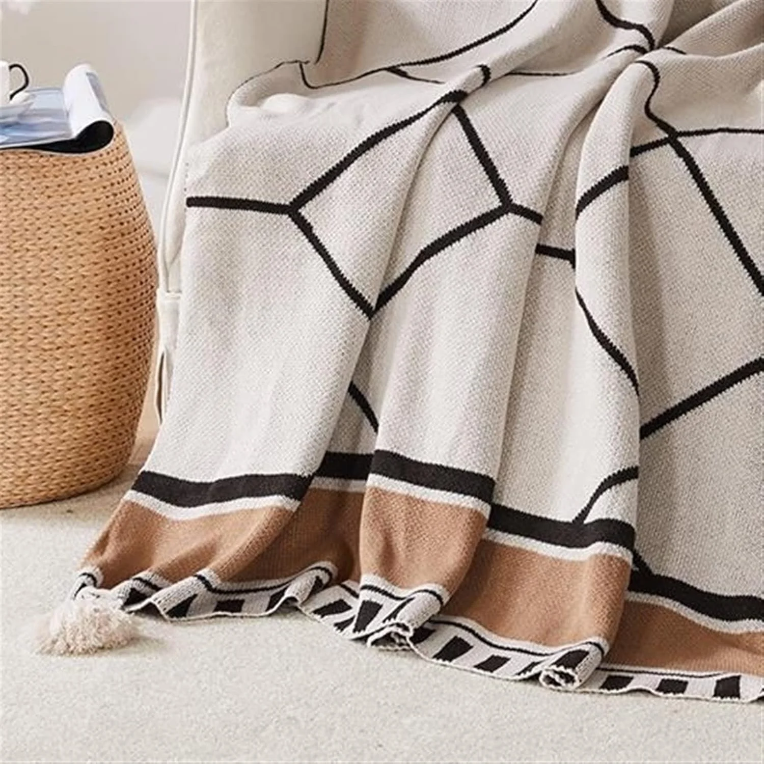 پتو مبل KRSIAXG، پتو بافتنی نخی با منگوله، طرح هندسی، روکش مبل، پتو تخت، پتو دکوراسیون منزل پتو مبل KRSIAXG، پتو بافتنی نخی با منگوله، طرح هندسی، روکش مبل، پتو تخت، پتو دکوراسیون منزل