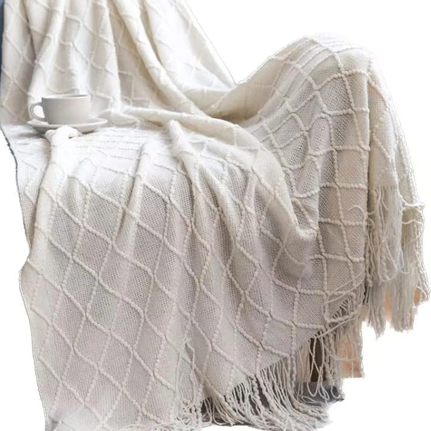 پتو طرح چهارخانه KRSIAXG، نرم و لطیف، مناسب برای مبل، تخت، ضد حساسیت، مناسب تهویه هوا، بافتنی، مناسب چرت زدن، رو تختی (بژ)