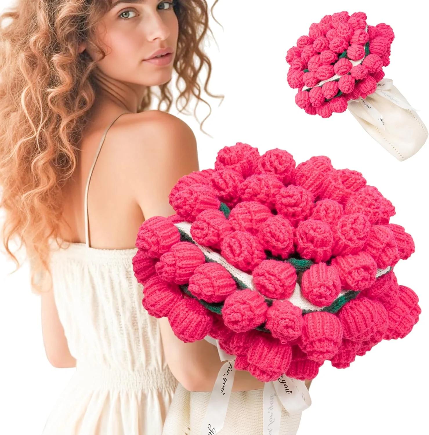 لوکوز دسته گل رز قلاب بافی - هدیه تولد برای خانم ها، مادر، خواهر، همسر، دسته گل رمانتیک برای تولد، عروسی، دکور خانه 31 اینچ