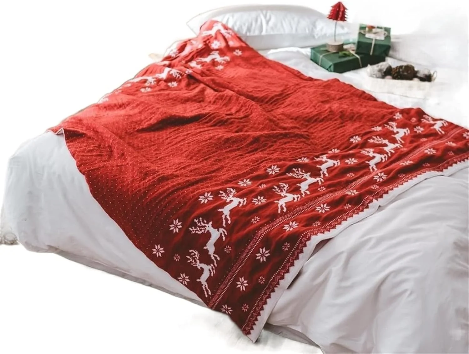 پتو LOYOUYEO طرح کریسمس، پتو ژاکارد دو رو، طرح دانه برف قرمز و گوزن شمالی، مناسب مبل، تخت خواب، پتو بافتنی