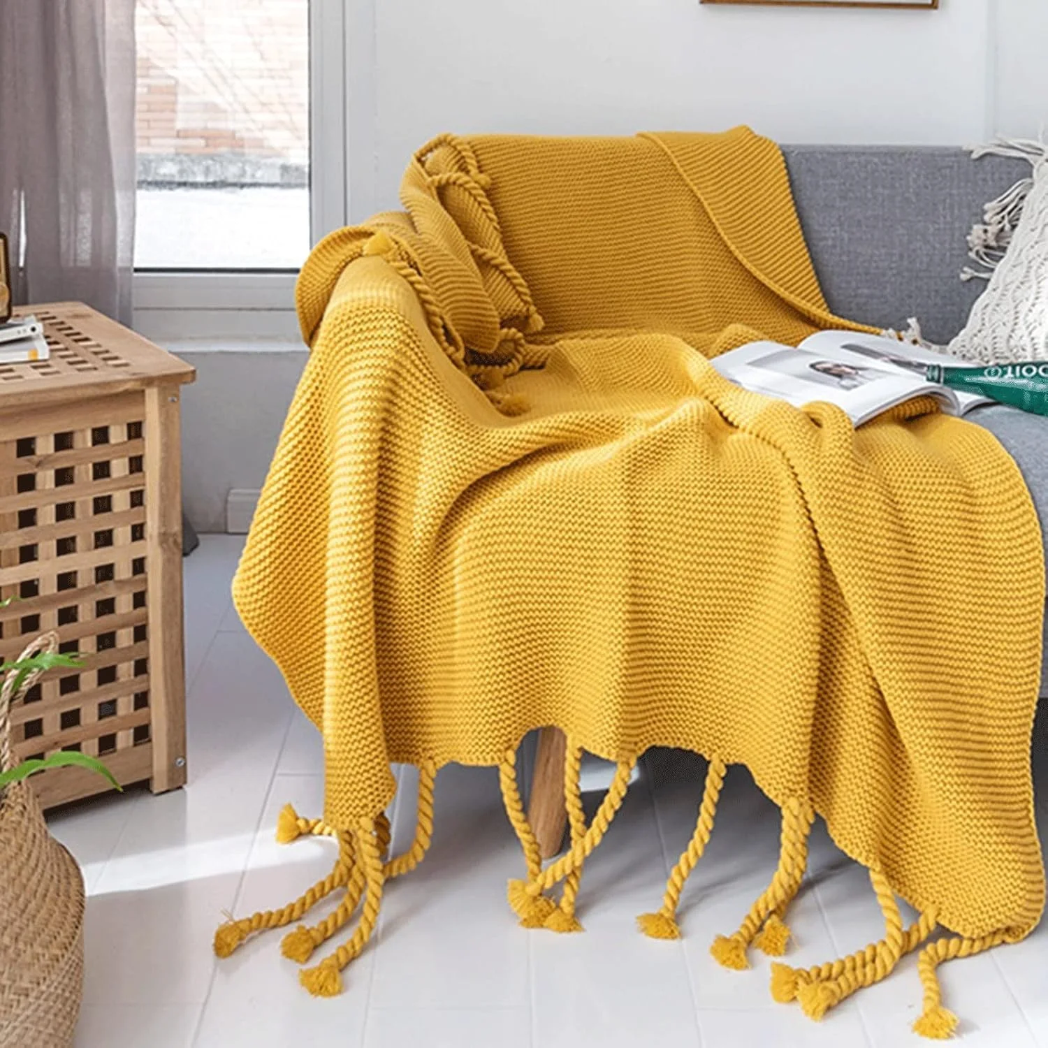 پتوهای LOYOUYEO، پتوی دستبافت، پتوی زرد نرم و گرم، پتوی سنگین وزن برای تخت، پتوهای پشمی چهارخانه (بژ، 130x170 سانتی متر)