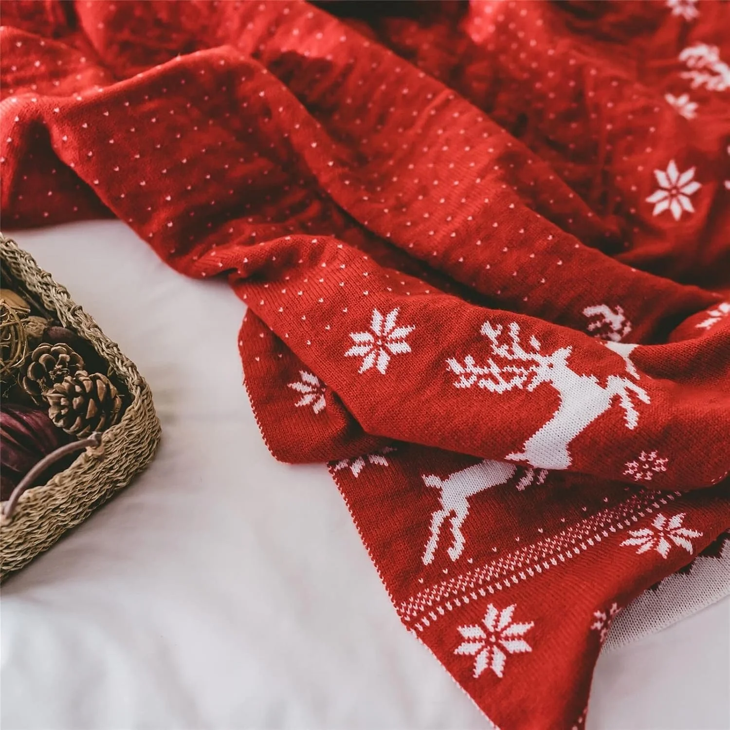 پتو LOYOUYEO طرح کریسمس، پتو ژاکارد دو رو، طرح دانه برف قرمز و گوزن شمالی، مناسب مبل، تخت خواب، پتو بافتنی