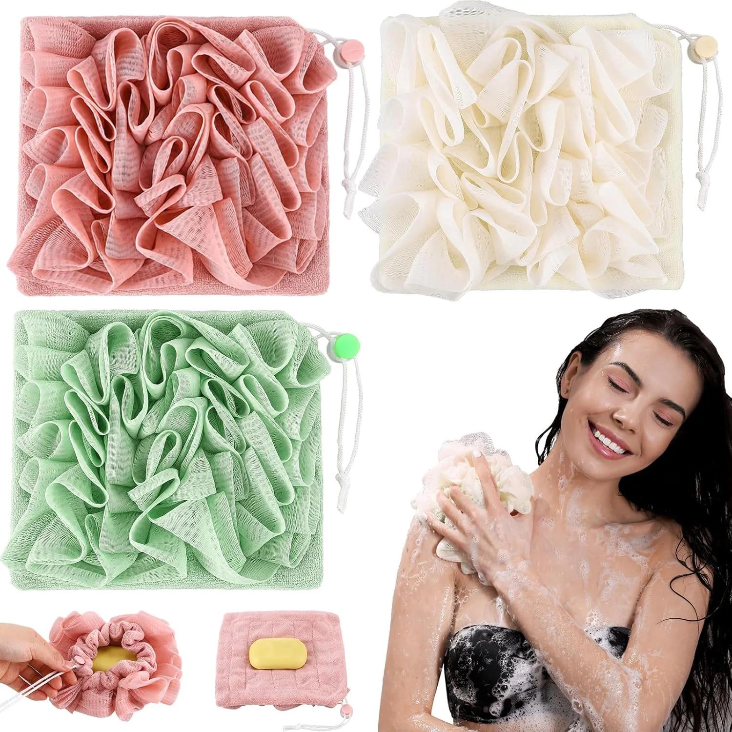 مجموعه 3 عددی لیف حمام اسکراب سوئیفن، لیف اسفنجی 2 در 1 با بند، پف توری لایه بردار برای شستشوی بدن و داشتن پوستی صاف (صورتی بژ سبز)