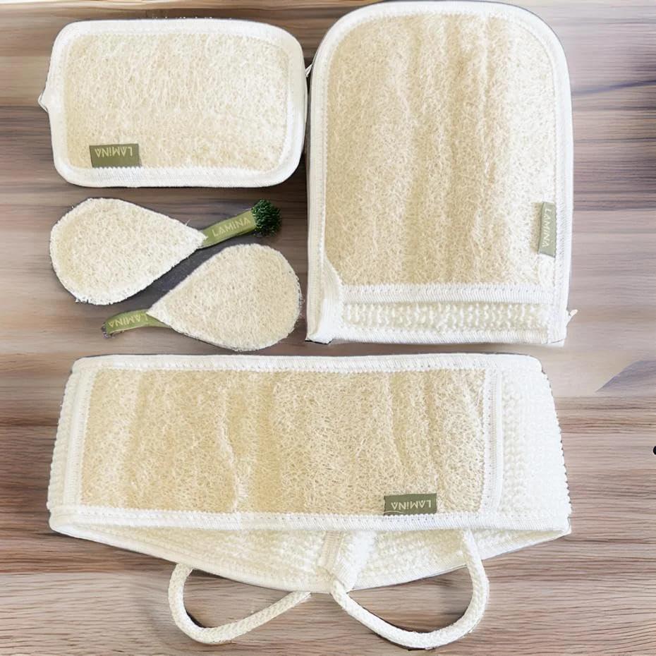 Veteran Textile LLC ست 4 عددی - لوفا طبیعی-ارگانیک Lamina، اسفنج لوفا، اسکرابر بدن، لوفا حمام (پشت بلند، دستکش دو طرفه، دستکش کوچک و لوفا صورت)