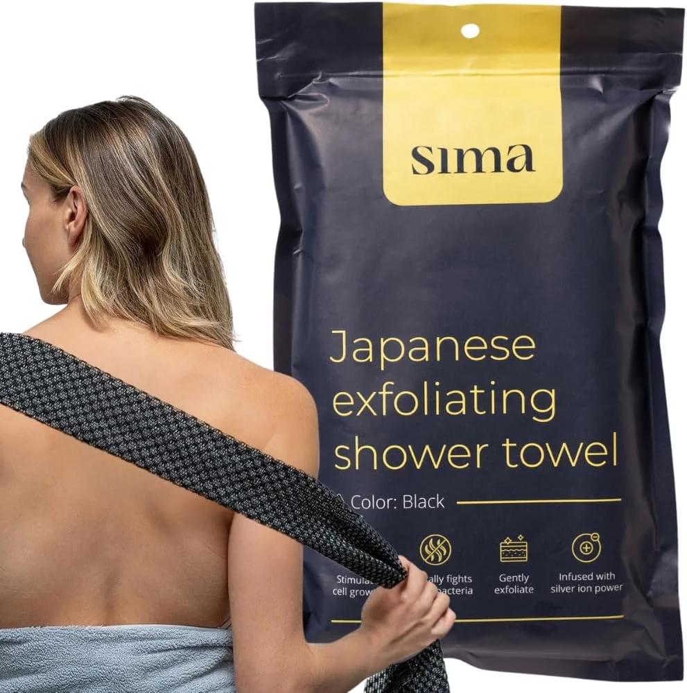 لیف لایه بردار سیما برای صورت و بدن - حوله لایه بردار ژاپنی با الیاف شش ضلعی، اسکرابر لایه بردار بدن با 2 طرف برای اسکراب و شستشو - 1 حوله فوق العاده بلند