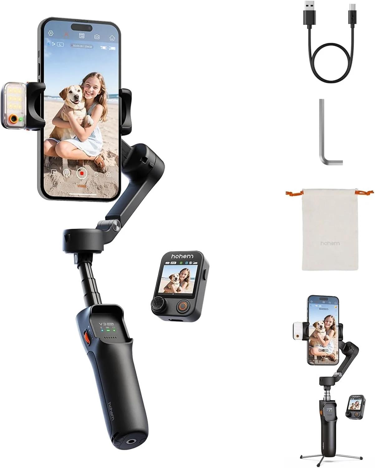 لرزشگیر گیمبال Hohem iSteady V3 Ultra برای آیفون، گیمبال 3 محوره تلفن همراه، ردیاب هوش مصنوعی مغناطیسی، میله و سه پایه داخلی قابل افزایش، کنترل از راه دور 10 متری، لرزشگیر صفحه لمسی برای آیفون و اندروید (مشکی)
