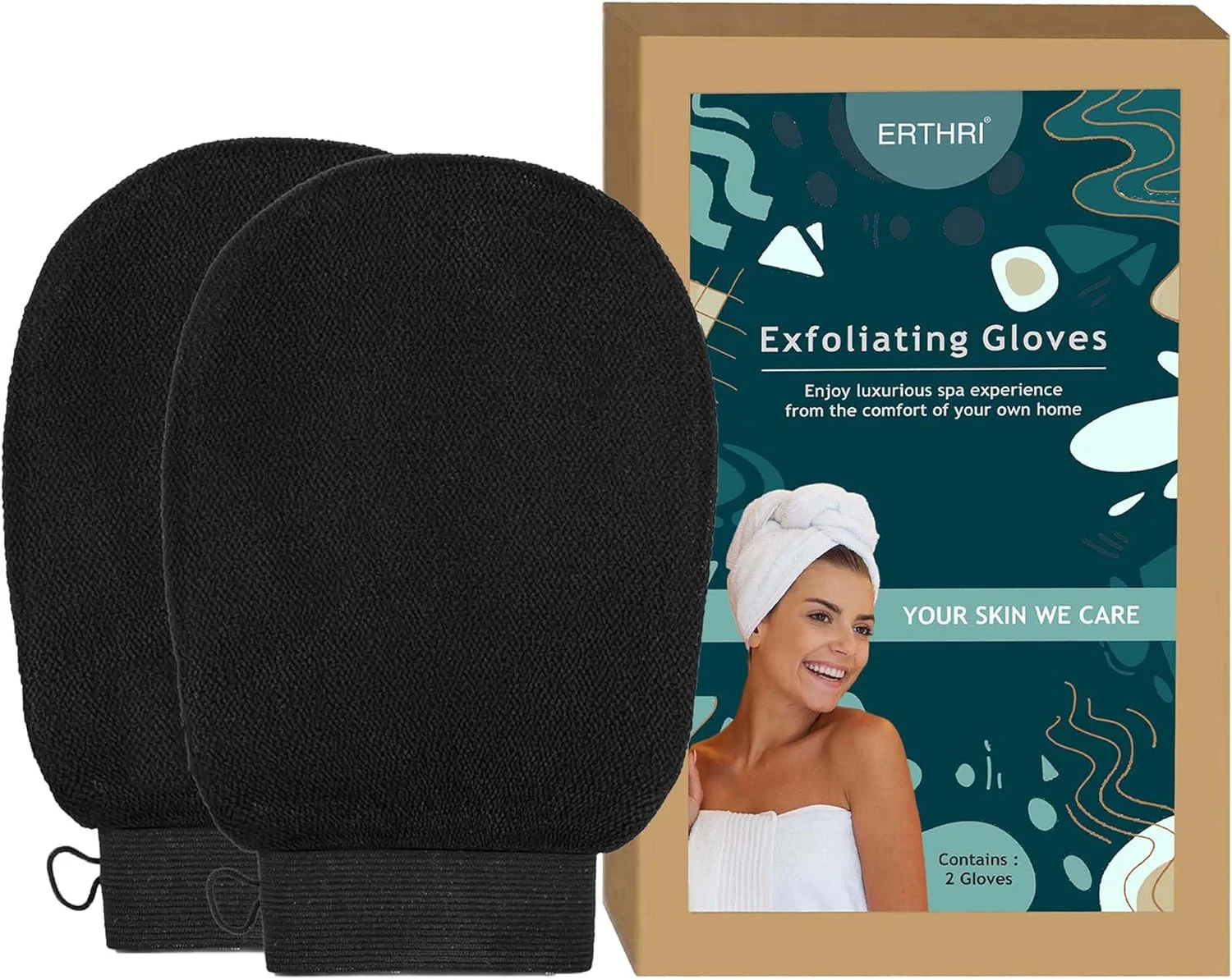 دستکش لایه بردار بدن اِرتری | دستکش لایه بردار بدن از جنس ویسکوز خالص | دستکش لایه بردار دو لایه برای پوست های مرده | دستکش حمام برای از بین بردن تیرگی پوست صورت و بدن (مشکی) (بسته 2 عددی)