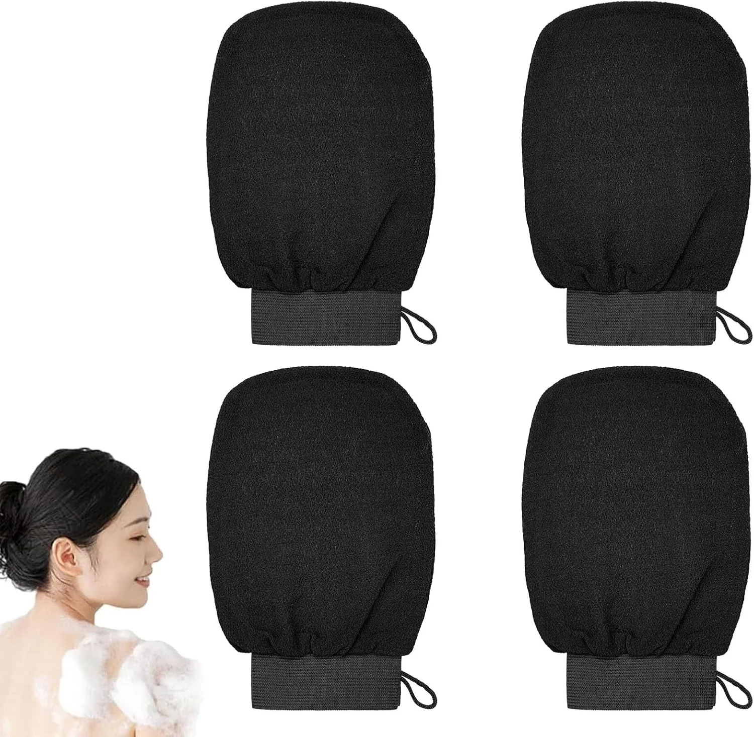 بسته 4 عددی دستکش لایه بردار عمیق، دستکش لایه بردار حمام برای انواع پوست و بهبود گردش خون، دوش، اسپا، پاکسازی عمیق بدن (مشکی)