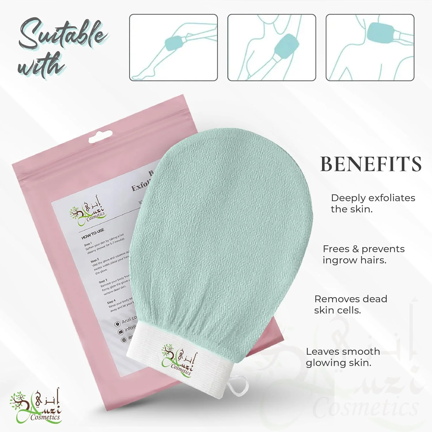 دستکش لایه بردار مراکشی اصل، دستکش اسکراب بدن، از بین برنده پوست مرده و کاهش دهنده برجستگی های پوست، پوست را صاف، درخشان و خوشایند می کند. مناسب برای انواع پوست. (سبز)