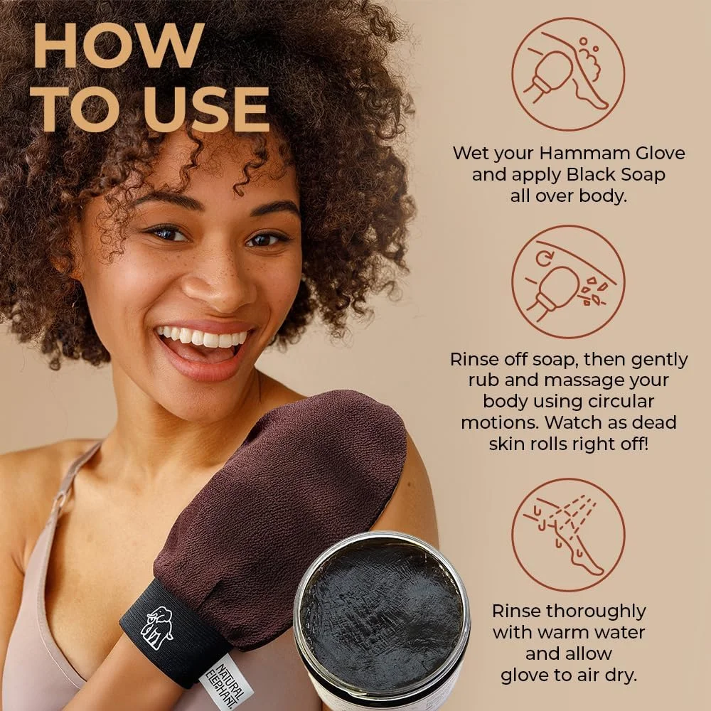 صابون سیاه مراکشی Natural Elephant 200 گرمی (7 اونس) و دستکش حمام لایه بردار (مشکی خالص) صابون سیاه مراکشی Natural Elephant 200 گرمی (7 اونس) و دستکش حمام لایه بردار (مشکی خالص)