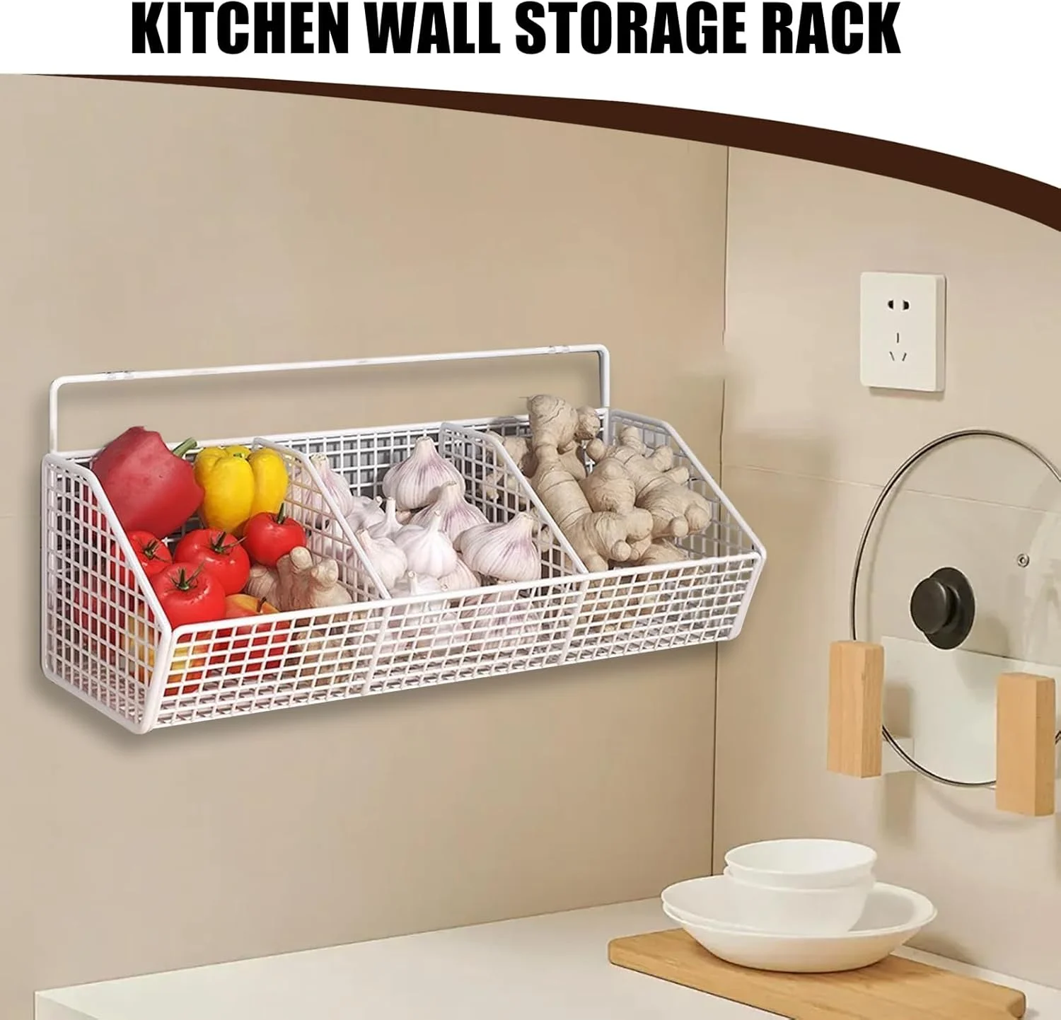 سبد دیواری برای نگهداری | سبد میوه 3 محفظه - قفسه دیواری صرفه جویی در فضا برای سازماندهی آشپزخانه، پیاز، سیب زمینی، انبار، زنجبیل
