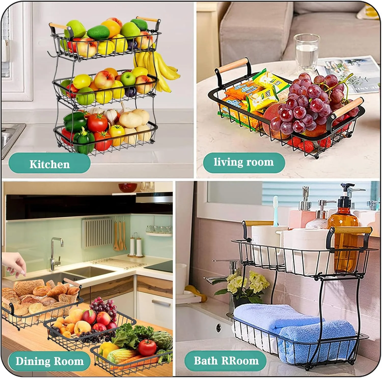 سبد میوه BAYINBROOK، سبد میوه با 3 طبقه و 2 طبقه، سبد میوه، کاسه میوه، سبد آویز برای آشپزخانه، سبد سبزیجات رومیزی برای نان و تنقلات، سازمان دهنده برای پیاز، سیب زمینی