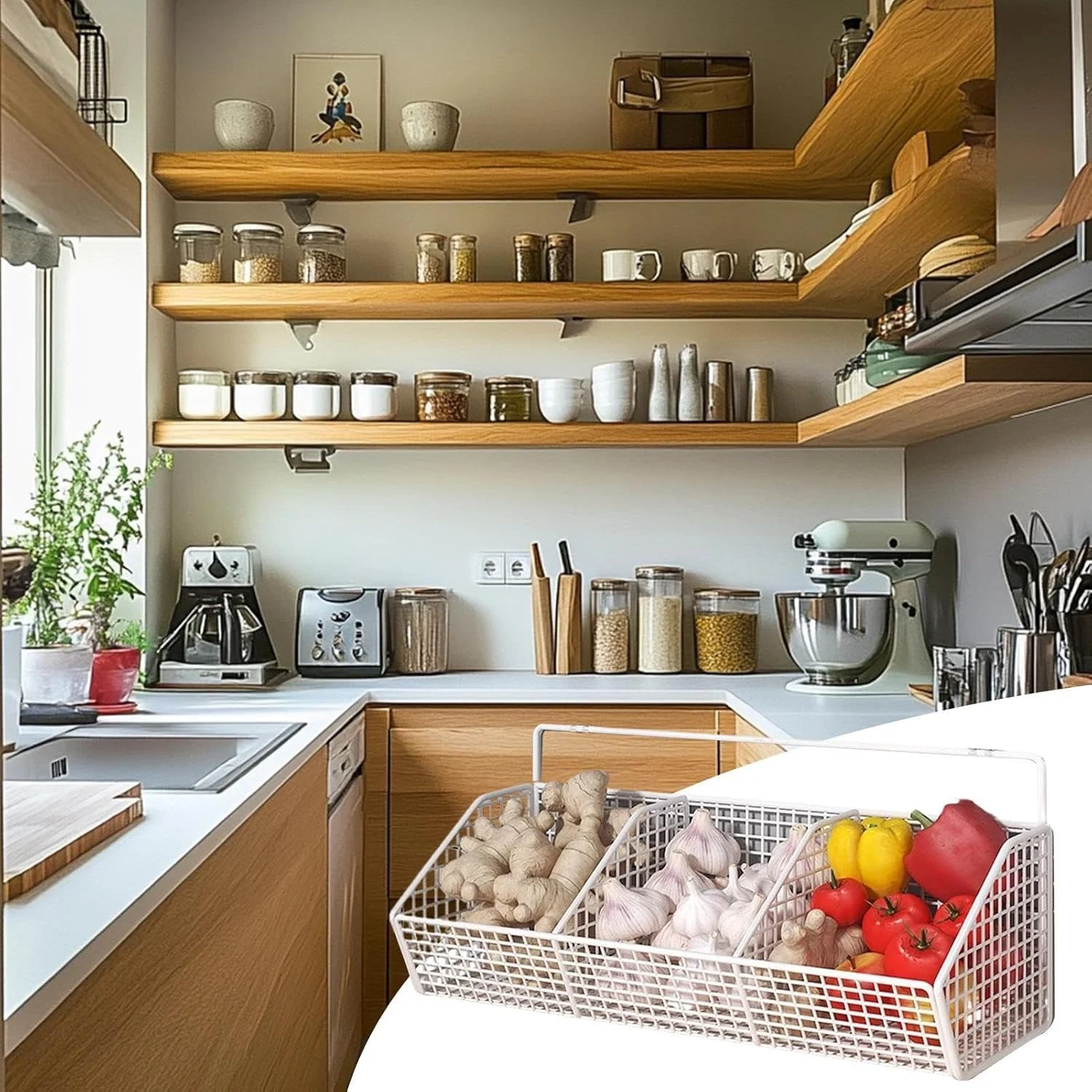 سبد دیواری برای نگهداری | سبد میوه 3 محفظه - قفسه دیواری صرفه جویی در فضا برای سازماندهی آشپزخانه، پیاز، سیب زمینی، انبار، زنجبیل