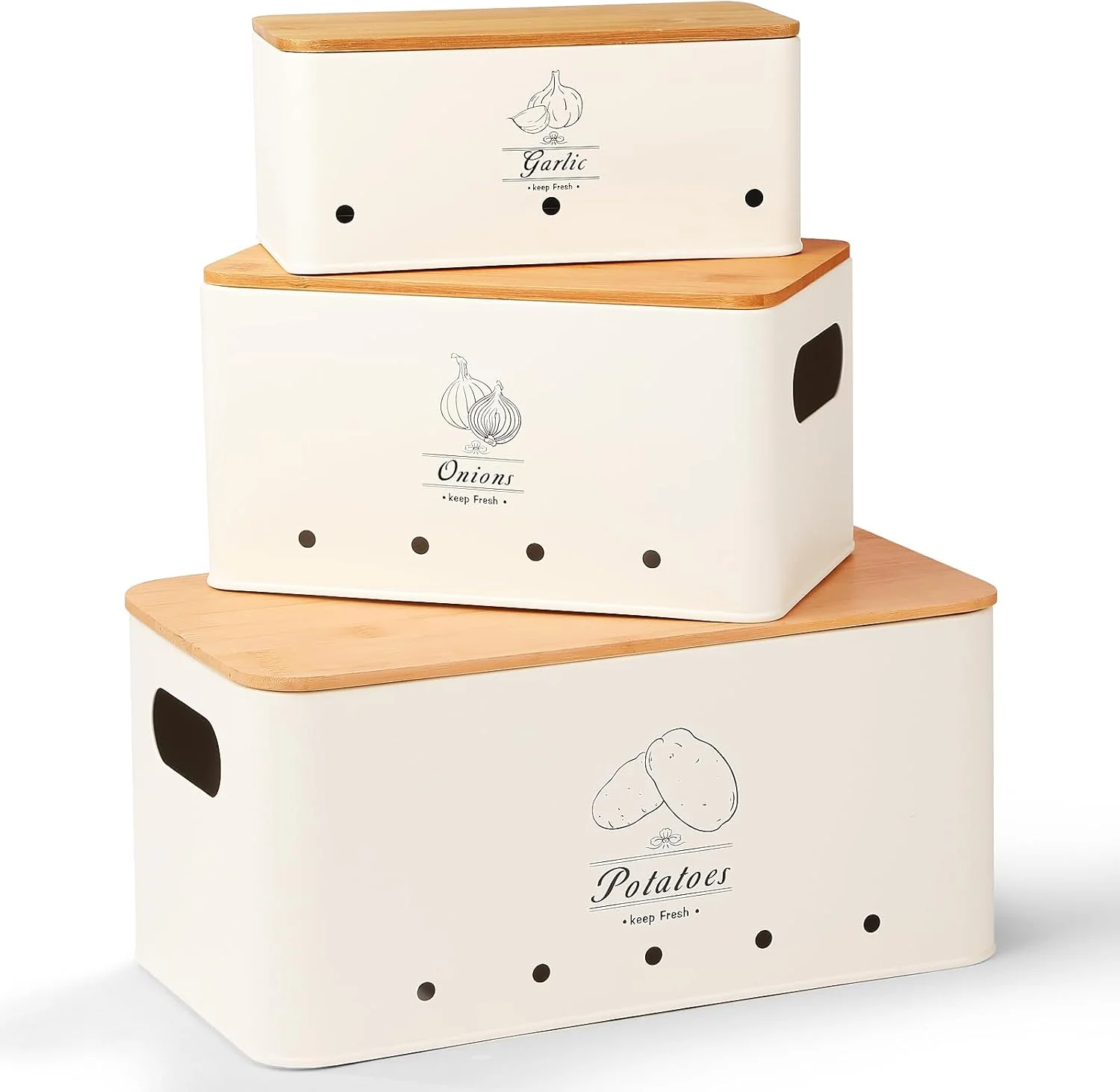 ست 3 تکه ظروف نگهداری سبزیجات آشپزخانه Clewcks، مناسب برای نگهداری سیب زمینی، پیاز و سیر، ظرف رومیزی آشپزخانه با تهویه و درب بامبو، جنس فلز سفید