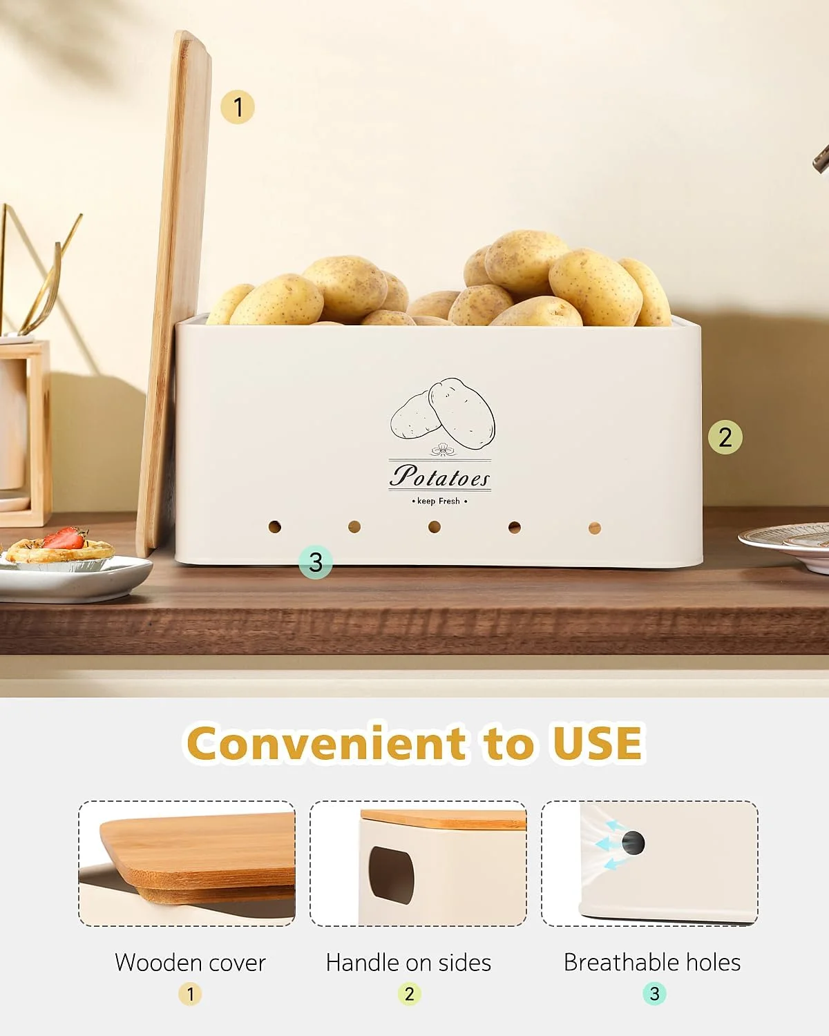 ست 3 تکه ظروف نگهداری سبزیجات آشپزخانه Clewcks، مناسب برای نگهداری سیب زمینی، پیاز و سیر، ظرف رومیزی آشپزخانه با تهویه و درب بامبو، جنس فلز سفید ست 3 تکه ظروف نگهداری سبزیجات آشپزخانه Clewcks، مناسب برای نگهداری سیب زمینی، پیاز و سیر، ظرف رومیزی آشپزخانه با تهویه و درب بامبو، جنس فلز سفید