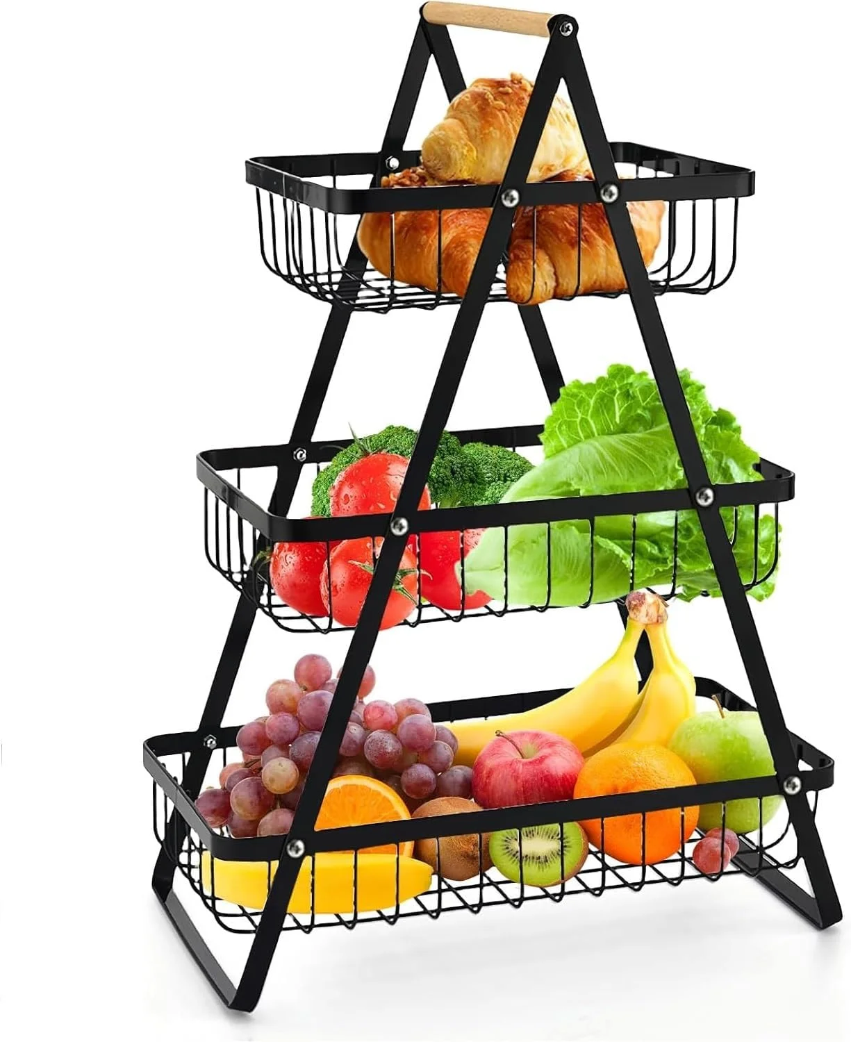 سبد میوه 3 طبقه، کاسه سبد میوه و سبزیجات رومیزی با دسته چوبی، سبد میوه طبقه ای، سازمان دهنده آشپزخانه برای نان، سبزیجات، میوه، تنقلات، محصولات، پیاز، سیب زمینی