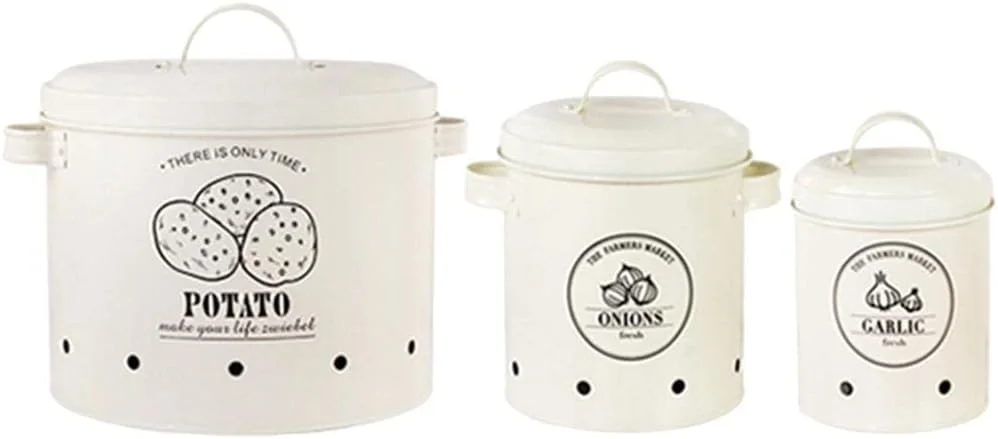 ظروف نگهداری سیب زمینی، پیاز و سیر CRTGW، سه تکه، مناسب آشپزخانه، دارای دو دسته، سفید